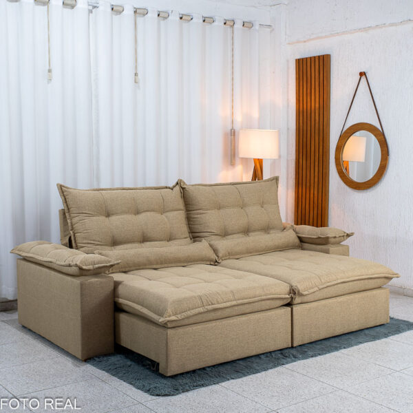 Sofá Retrátil Reclinável Zara 2,50m Linho Bege 1006 - Molas Ensacadas